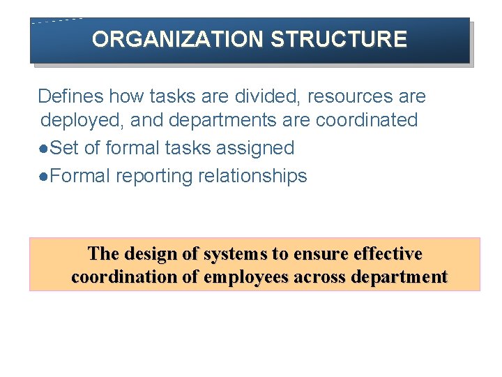 ORGANIZATION STRUCTURE Defines how tasks are divided, resources are deployed, and departments are coordinated