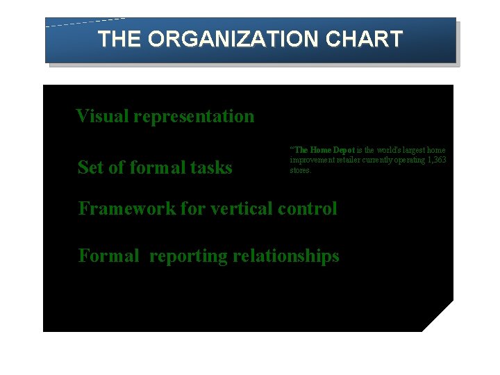 THE ORGANIZATION CHART Visual representation Set of formal tasks “The Home Depot is the