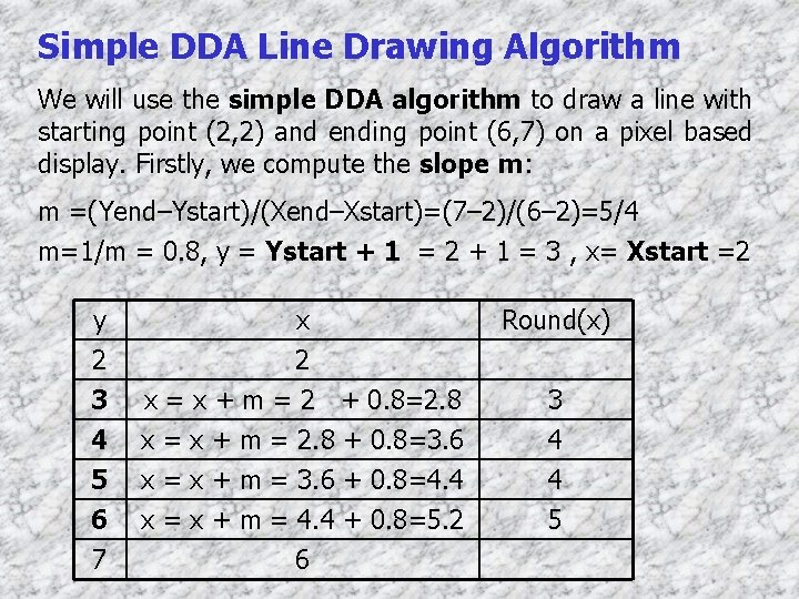 Simple DDA Line Drawing Algorithm We will use the simple DDA algorithm to draw