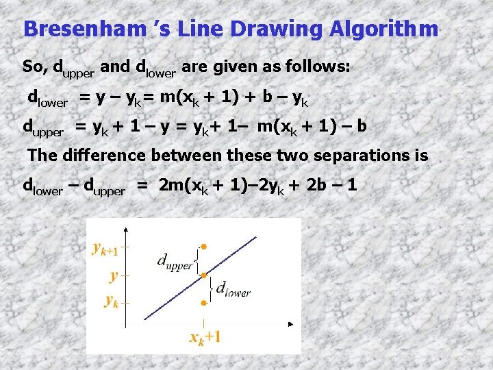 Bresenham ’s Line Drawing Algorithm So, dupper and dlower are given as follows: dlower