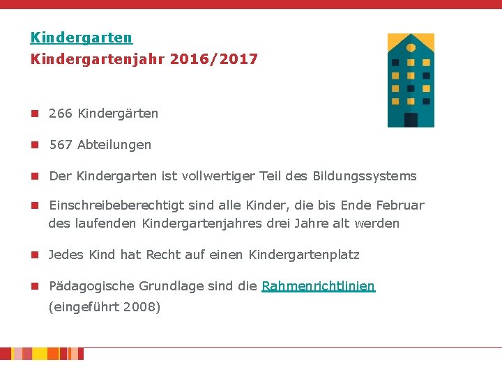 Kindergartenjahr 2016/2017 n 266 Kindergärten n 567 Abteilungen n Der Kindergarten ist vollwertiger Teil