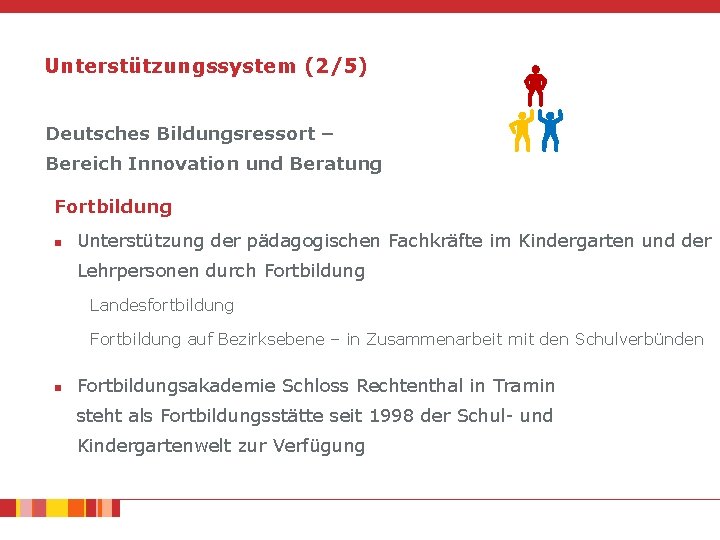 Unterstützungssystem (2/5) Deutsches Bildungsressort – Bereich Innovation und Beratung Fortbildung n Unterstützung der pädagogischen