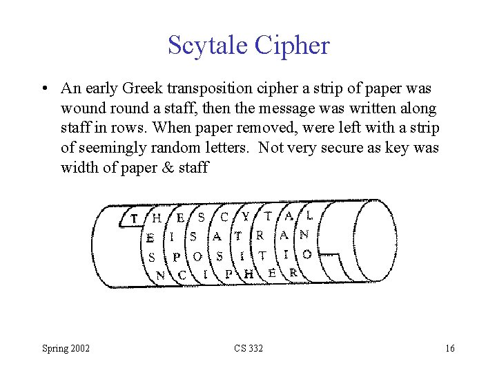 Scytale Cipher • An early Greek transposition cipher a strip of paper was wound