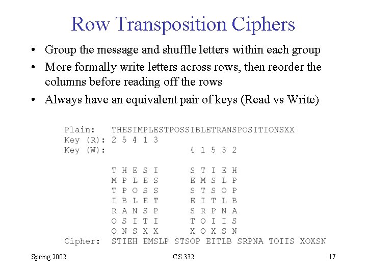 Row Transposition Ciphers • Group the message and shuffle letters within each group •