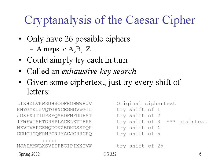 Cryptanalysis of the Caesar Cipher • Only have 26 possible ciphers – A maps
