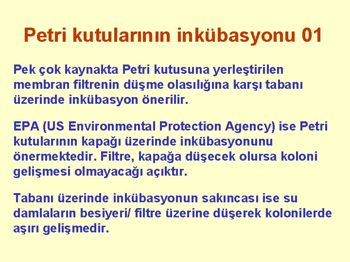 Petri kutularının inkübasyonu 01 Pek çok kaynakta Petri kutusuna yerleştirilen membran filtrenin düşme olasılığına