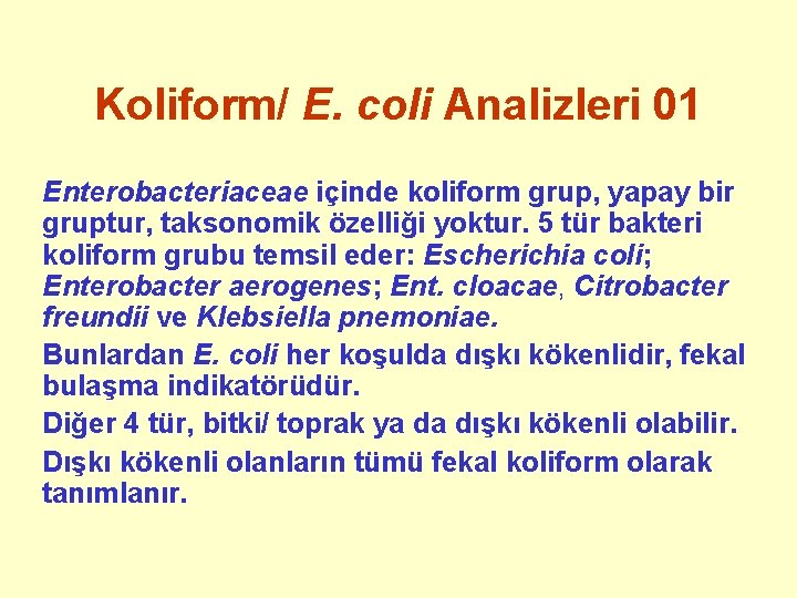 Koliform/ E. coli Analizleri 01 Enterobacteriaceae içinde koliform grup, yapay bir gruptur, taksonomik özelliği
