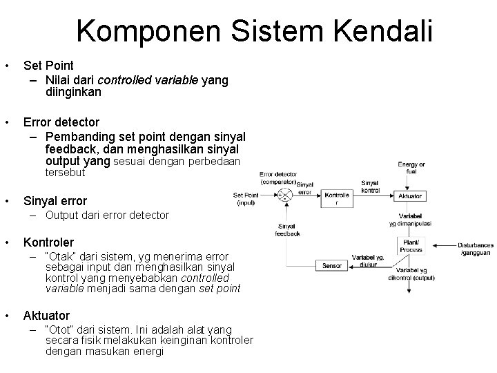 Komponen Sistem Kendali • Set Point – Nilai dari controlled variable yang diinginkan •