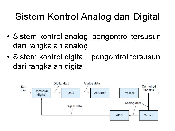 Sistem Kontrol Analog dan Digital • Sistem kontrol analog: pengontrol tersusun dari rangkaian analog