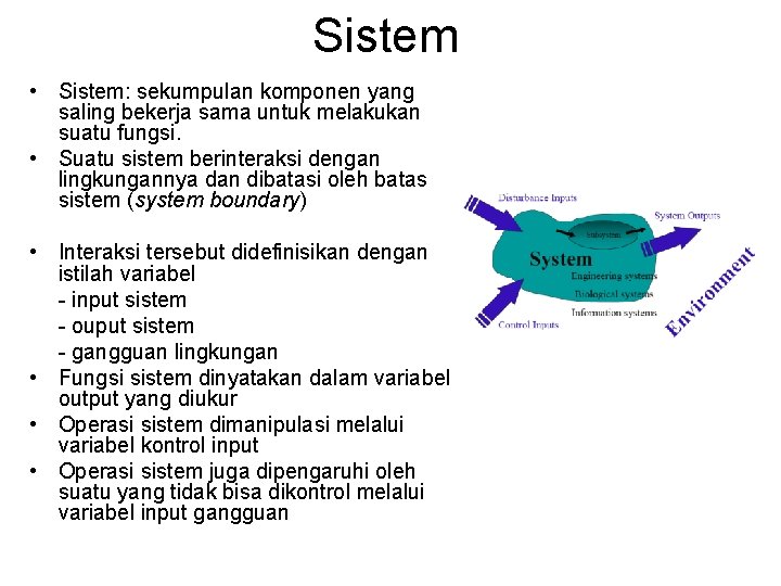 Sistem • Sistem: sekumpulan komponen yang saling bekerja sama untuk melakukan suatu fungsi. •