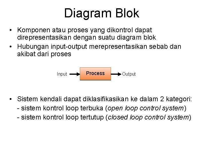 Diagram Blok • Komponen atau proses yang dikontrol dapat direpresentasikan dengan suatu diagram blok