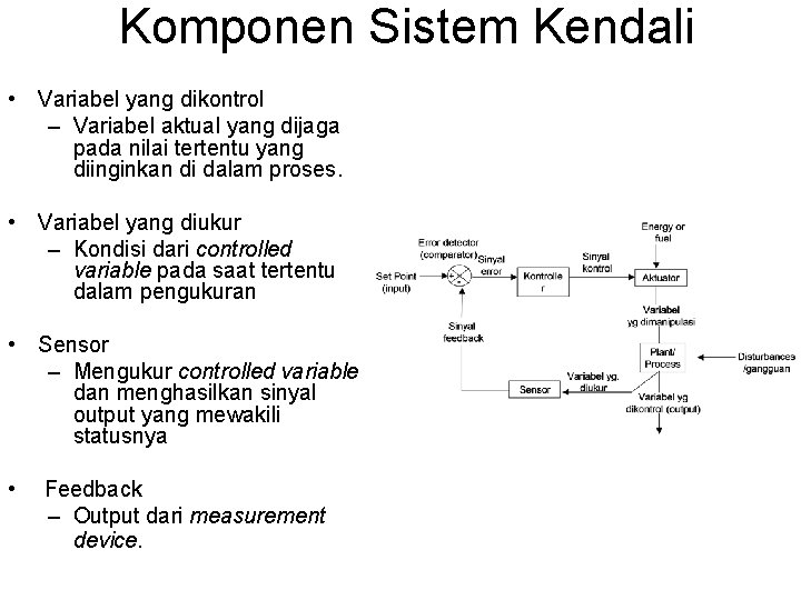 Komponen Sistem Kendali • Variabel yang dikontrol – Variabel aktual yang dijaga pada nilai