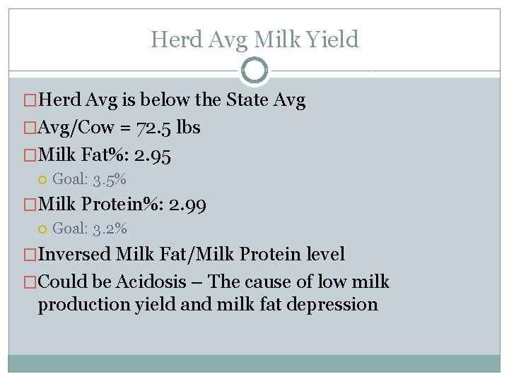 Herd Avg Milk Yield �Herd Avg is below the State Avg �Avg/Cow = 72.