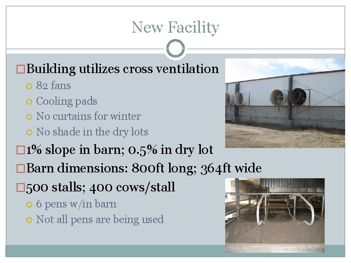 New Facility �Building utilizes cross ventilation 82 fans Cooling pads No curtains for winter