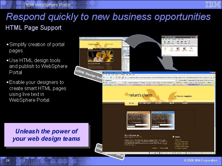 IBM Web. Sphere Portal Respond quickly to new business opportunities HTML Page Support §