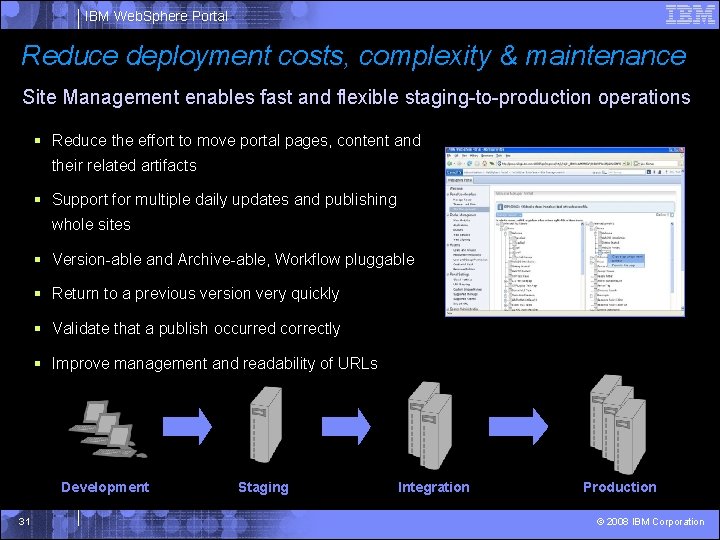 IBM Web. Sphere Portal Reduce deployment costs, complexity & maintenance Site Management enables fast