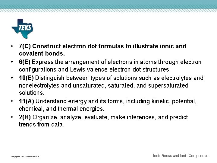  • 7(C) Construct electron dot formulas to illustrate ionic and covalent bonds. •