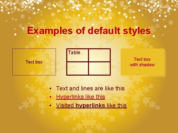 Examples of default styles Table Text box with shadow Text box • Text and