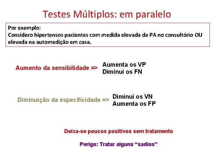 Testes Múltiplos: em paralelo Por exemplo: Considero hipertensos pacientes com medida elevada de PA