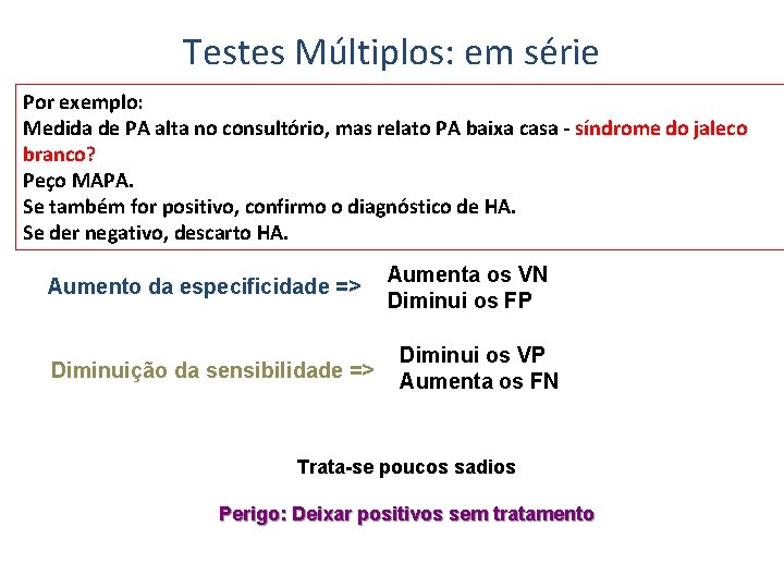 Testes Múltiplos: em série Por exemplo: Medida de PA alta no consultório, mas relato