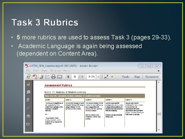 Task 3 Rubrics • 5 more rubrics are used to assess Task 3 (pages