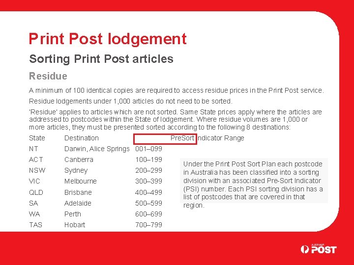 Print Post lodgement Sorting Print Post articles Residue A minimum of 100 identical copies