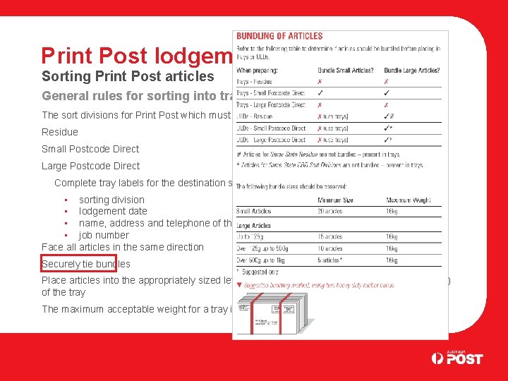Print Post lodgement Sorting Print Post articles General rules for sorting into trays The