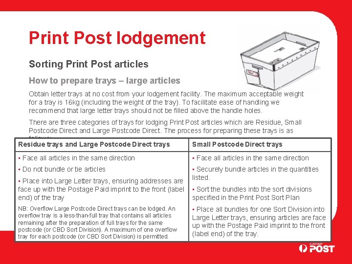 Print Post lodgement Sorting Print Post articles How to prepare trays – large articles