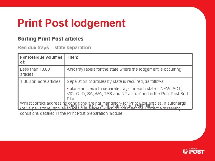 Print Post lodgement Sorting Print Post articles Residue trays – state separation For Residue