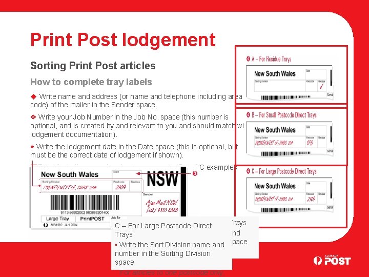 Print Post lodgement Sorting Print Post articles How to complete tray labels Write name