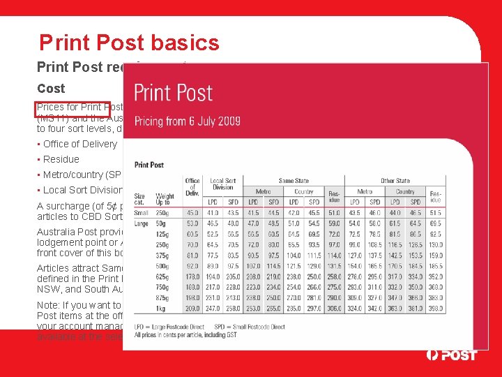 Print Post basics Print Post requirements Cost Prices for Print Post are available in