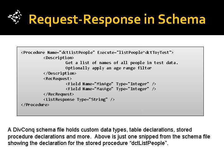 Request-Response in Schema <Procedure Name="dct. List. People" Execute="list. People^dct. Toy. Test"> <Description> Get a