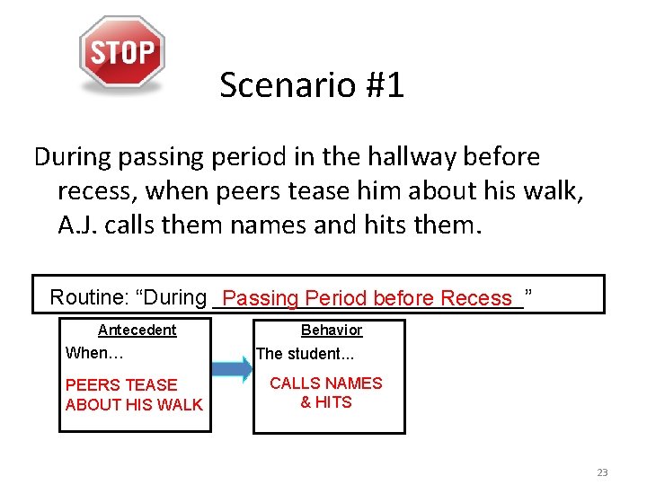 Scenario #1 During passing period in the hallway before recess, when peers tease him