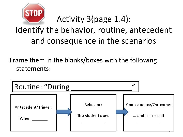 Activity 3(page 1. 4): Identify the behavior, routine, antecedent and consequence in the scenarios