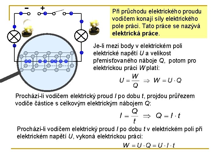 Při průchodu elektrického proudu vodičem konají síly elektrického pole práci. Tato práce se nazývá