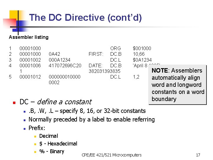 The DC Directive (cont’d) Assembler listing 1 2 3 4 00001000 00001002 00001006 1