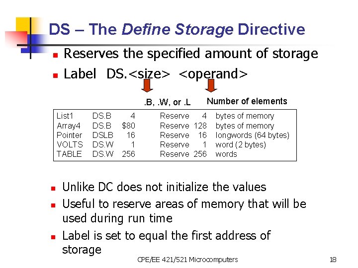 DS – The Define Storage Directive n n Reserves the specified amount of storage