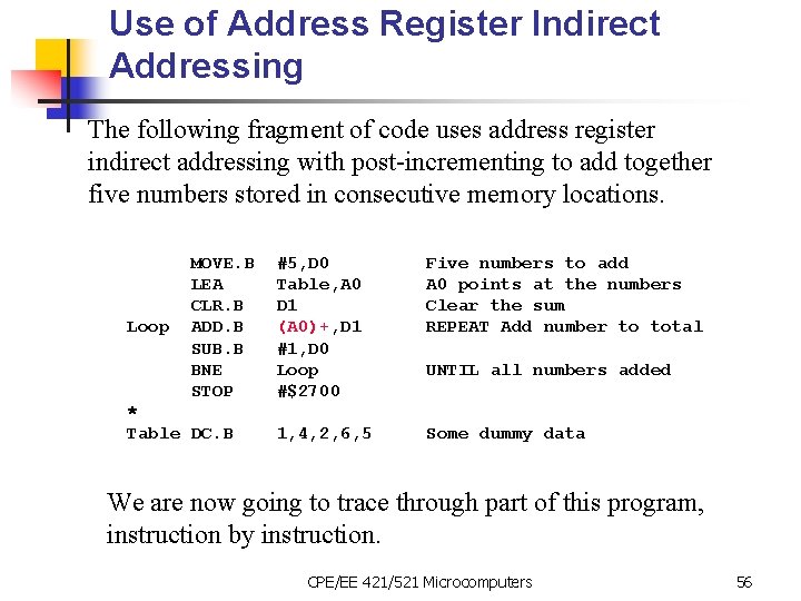 Use of Address Register Indirect Addressing The following fragment of code uses address register