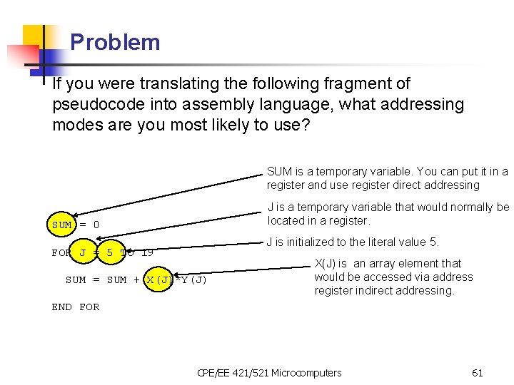 Problem If you were translating the following fragment of pseudocode into assembly language, what