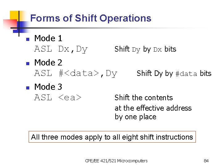 Forms of Shift Operations n Mode 1 ASL Dx, Dy n Shift Dy by