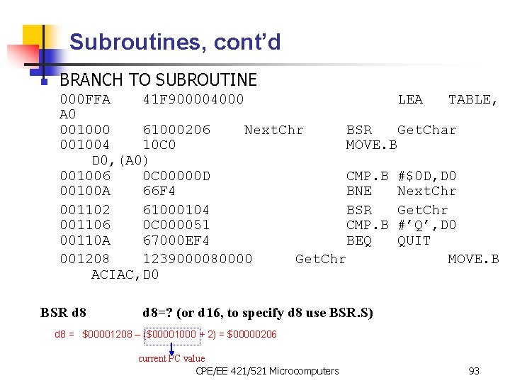 Subroutines, cont’d n BRANCH TO SUBROUTINE 000 FFA 41 F 900004000 LEA TABLE, A