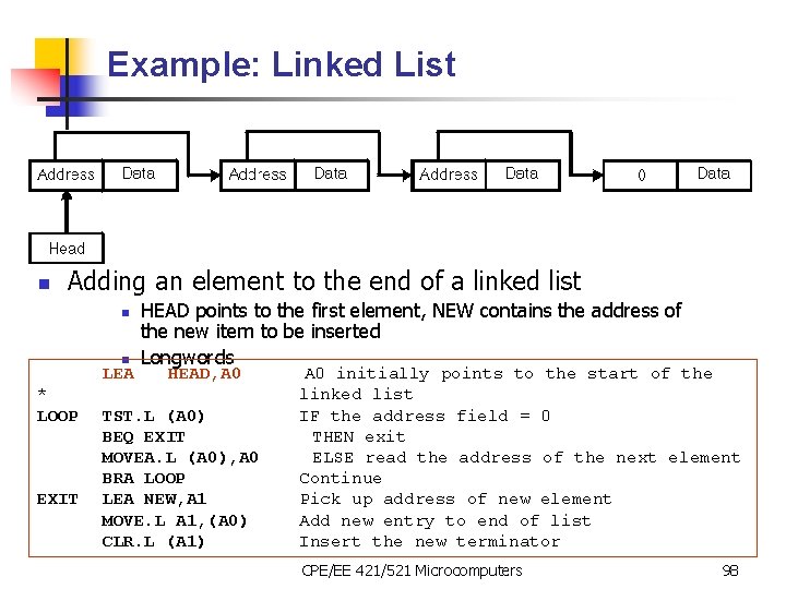 Example: Linked List n Adding an element to the end of a linked list