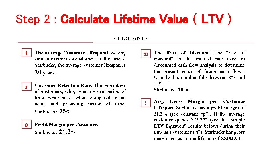 Step 2 : Calculate Lifetime Value(LTV) CONSTANTS t The Average Customer Lifespan(how long someone Step 2 : Calculate Lifetime Value(LTV) CONSTANTS t The Average Customer Lifespan(how long someone