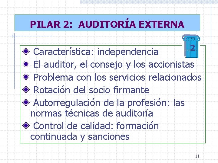 PILAR 2: AUDITORÍA EXTERNA 2 Característica: independencia El auditor, el consejo y los accionistas