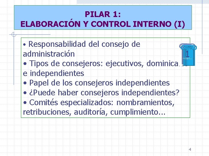 PILAR 1: ELABORACIÓN Y CONTROL INTERNO (I) • Responsabilidad del consejo de administración 1