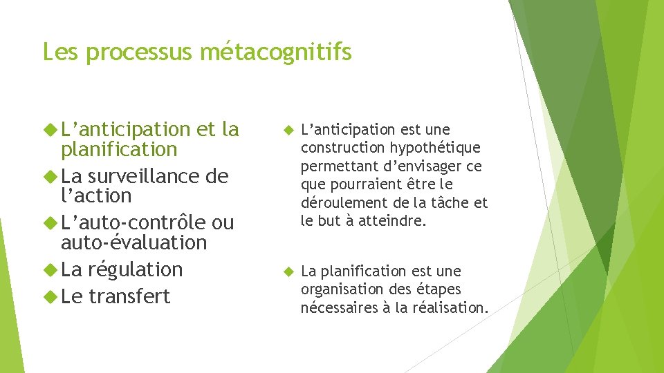 Les processus métacognitifs L’anticipation et la planification La surveillance de l’action L’auto-contrôle ou auto-évaluation