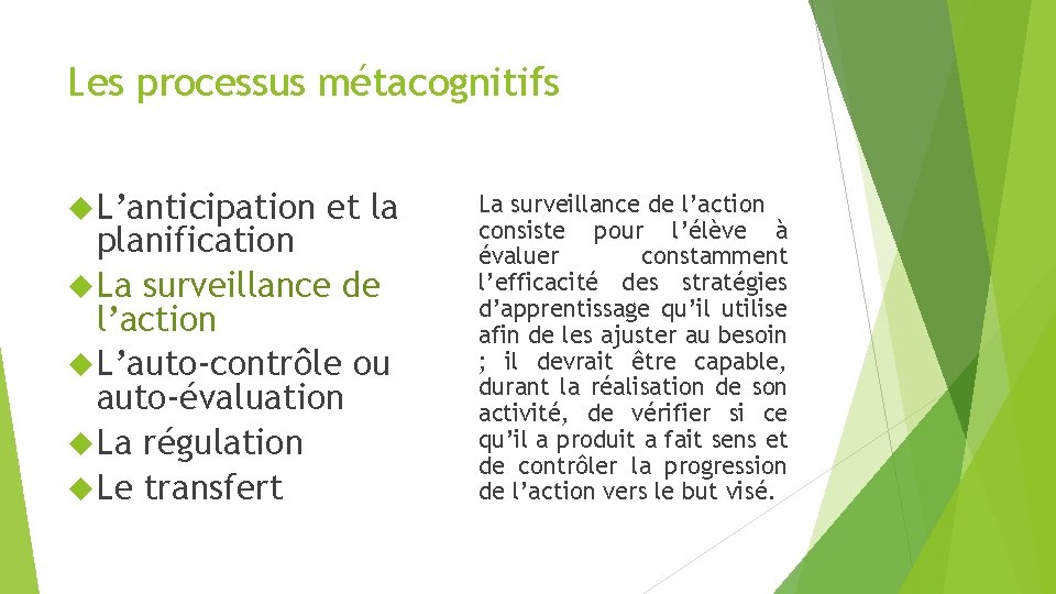 Les processus métacognitifs L’anticipation et la planification La surveillance de l’action L’auto-contrôle ou auto-évaluation