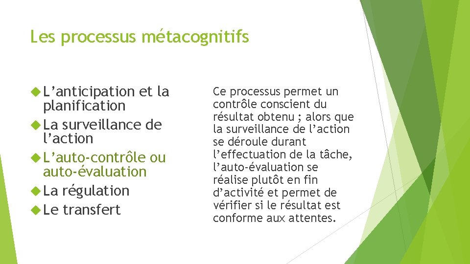 Les processus métacognitifs L’anticipation et la planification La surveillance de l’action L’auto-contrôle ou auto-évaluation