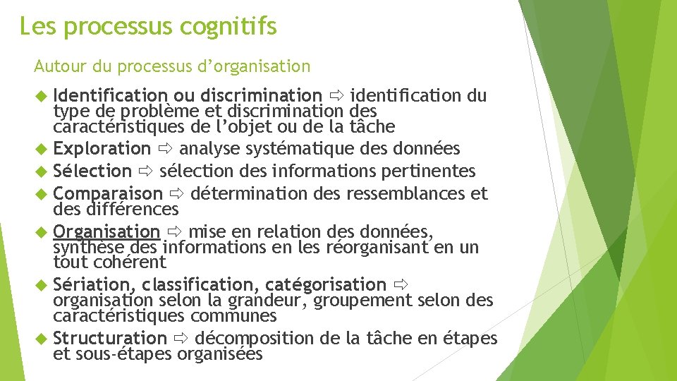 Les processus cognitifs Autour du processus d’organisation Identification ou discrimination identification du type de