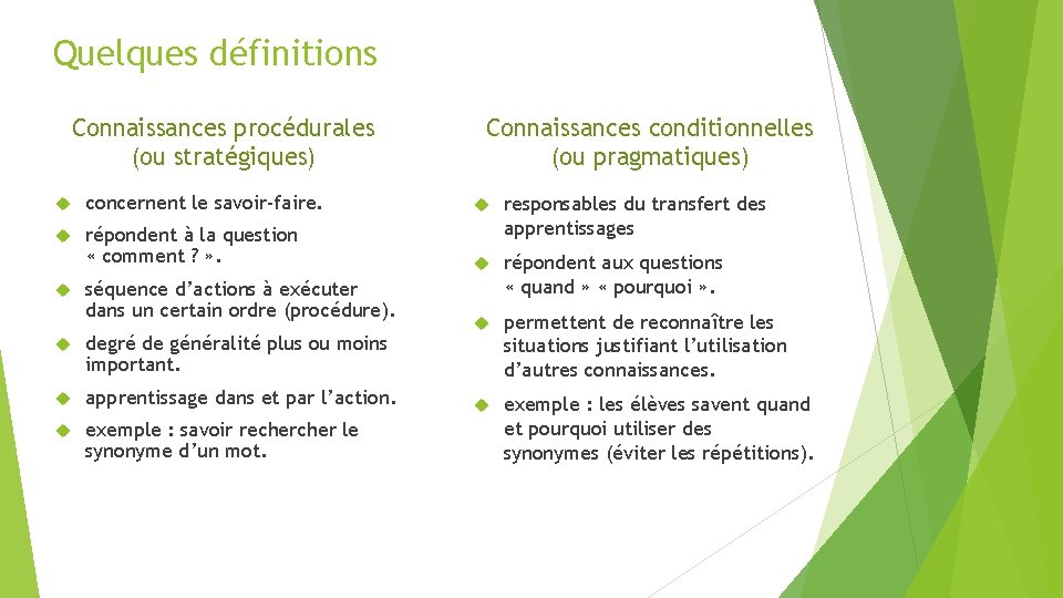 Quelques définitions Connaissances procédurales (ou stratégiques) Connaissances conditionnelles (ou pragmatiques) concernent le savoir-faire. répondent